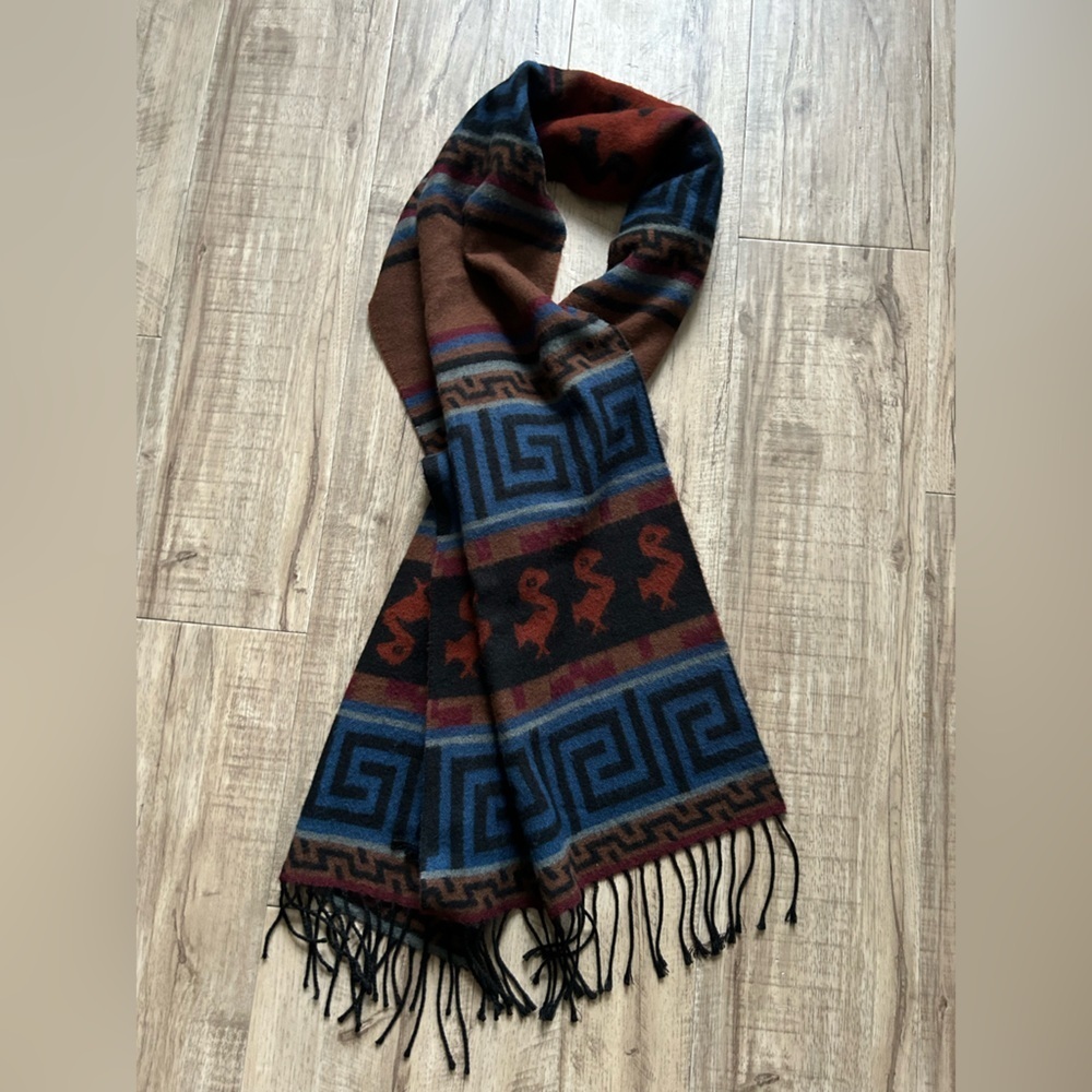 Aztec made in Italy Geometric Patterned Scarf in Brown and Blue winter warm - Picture 6 of 8